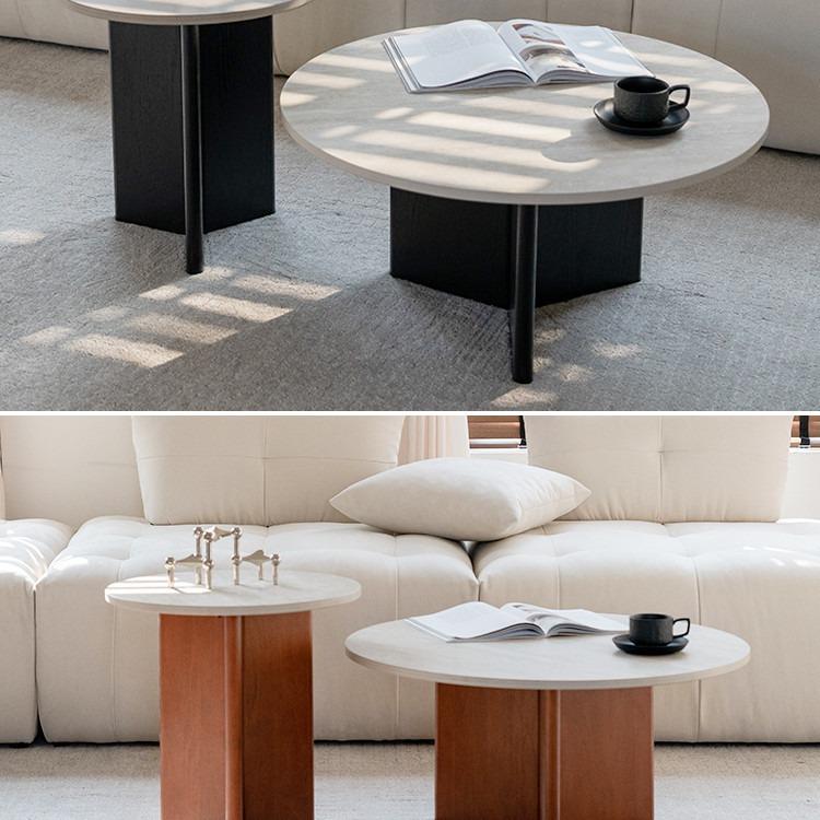 舒梵双子茶几/洞石岩板耐造/简约黑色/中古柚木色大小圆茶几组合