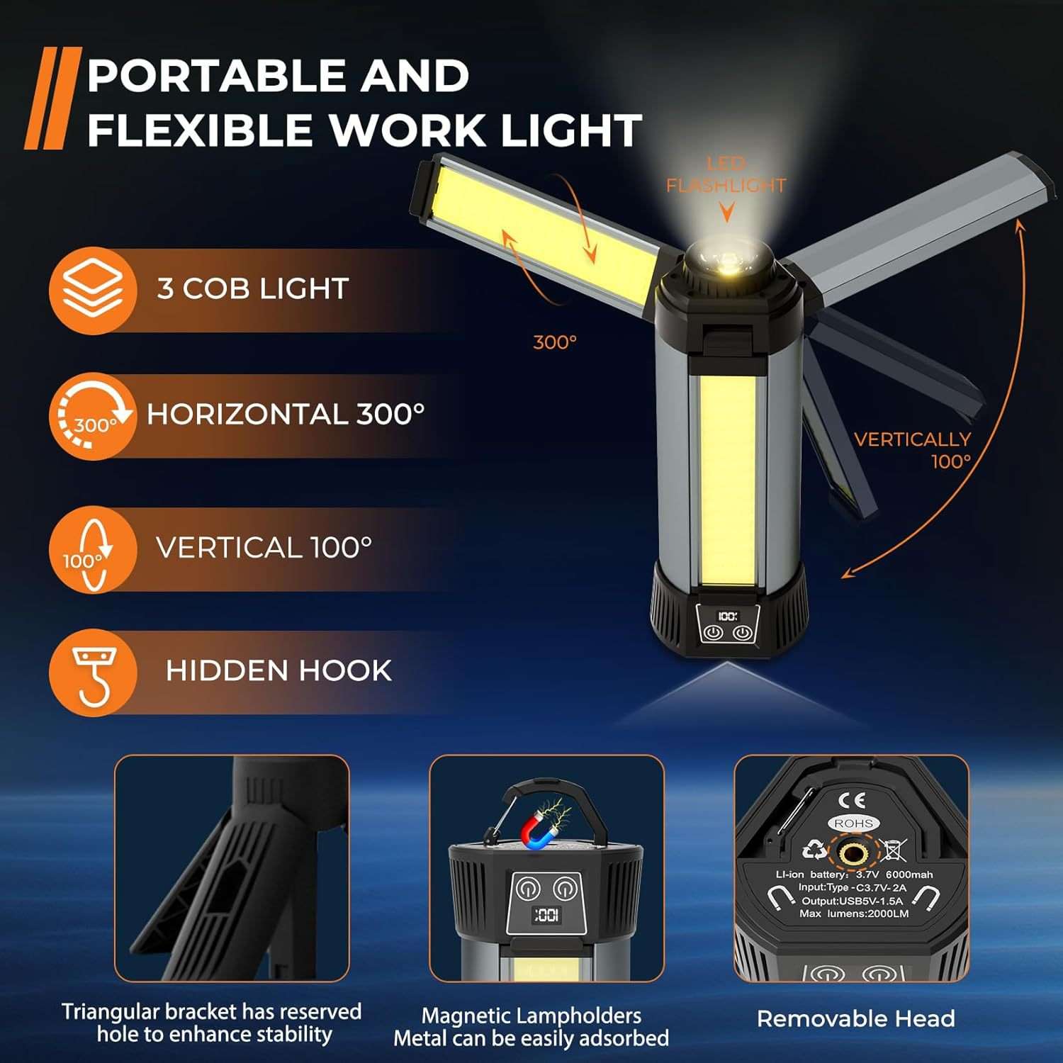 新款XHP50强光LED露营灯USB充电屏显带磁铁支架可拉伸COB工作灯