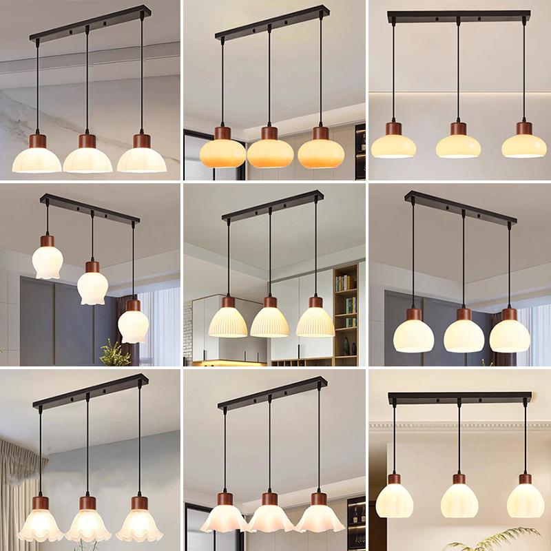 中古风餐厅灯餐桌吊灯三头长盘胡桃木色网红复古饭厅创意吧台灯具