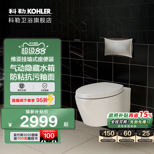 科勒壁挂马桶坐便器挂墙隐藏水箱家用入墙式墙排智能坐便器25255T