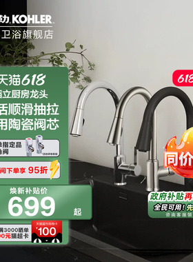 科勒厨房龙头水槽厨盆水龙头抽拉式菜盆黑色洗碗池厨盆冷热21366T