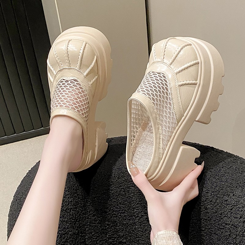 现货速发厚底一脚蹬配裙子包头半拖鞋增高婚纱神器松糕鞋1m高跟鞋