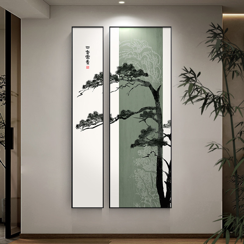 速发新中式玄墙装饰画入户门正对关挂画双客松竖版迎联茶室背景墙