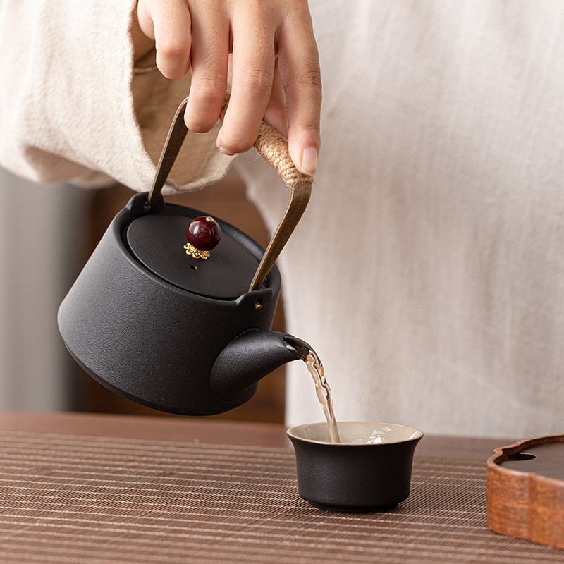 速发黑陶磨砂提梁壶家用防烫功夫泡茶具复古茶壶一人饮单壶冲茶器