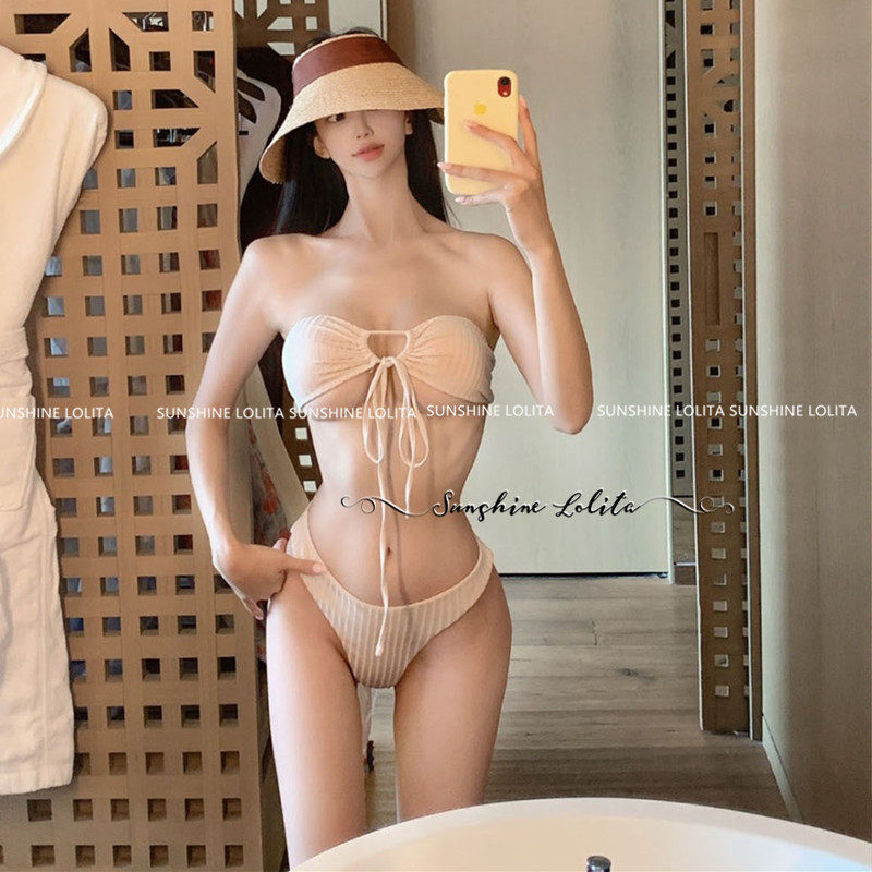 速发性感裸色辣妹比基尼三件套纯欲抹胸聚拢小心机泳装度假泡温泉
