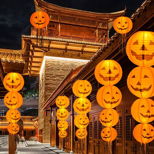 速发圣节夜装饰品南瓜灯手提发光纸灯笼幼儿园商场场景布置道具挂