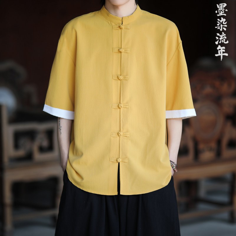 速发新中式唐装男中国风夏季薄款改良汉服大码五分袖衬衣