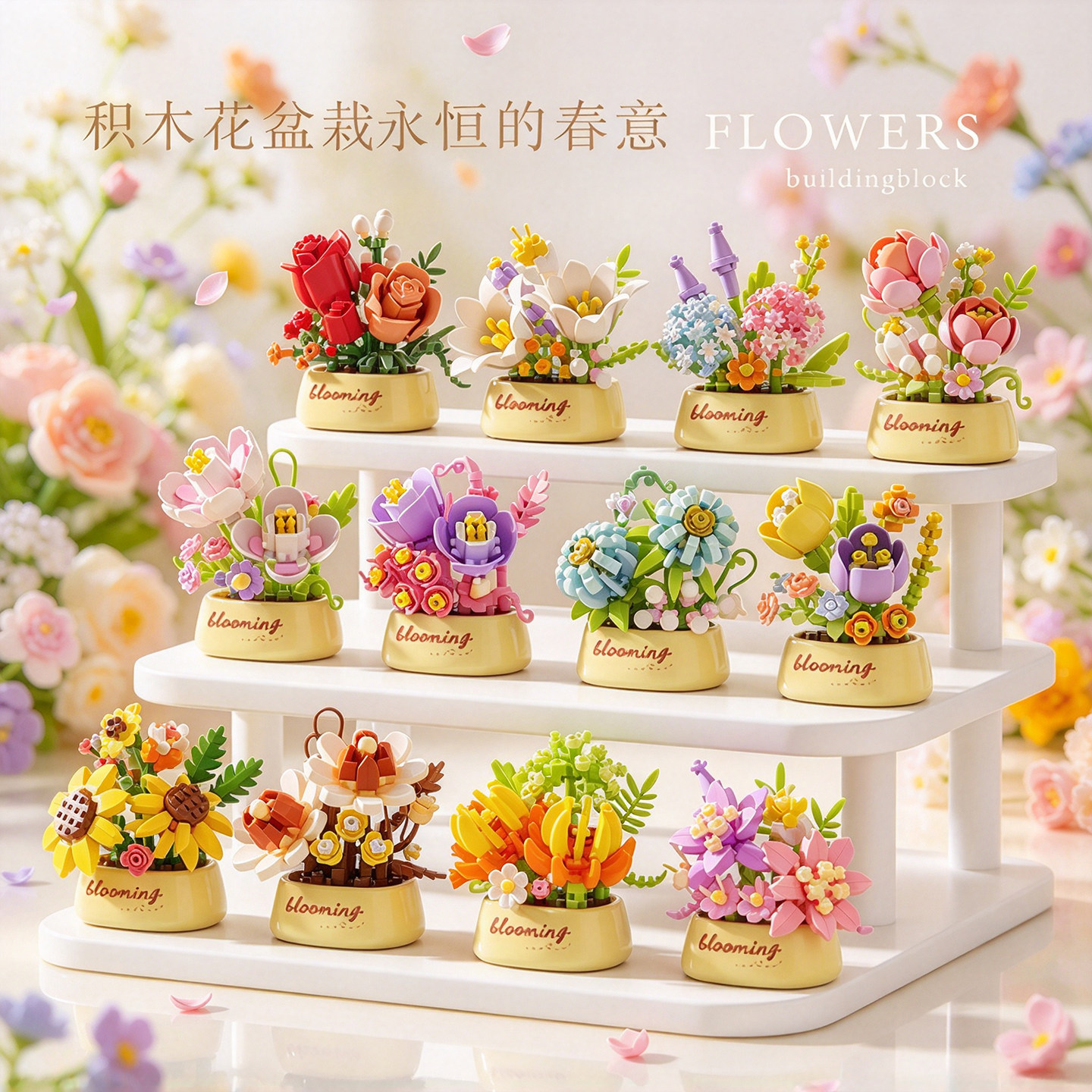 永生花积木花束多肉植物盆栽仿真花摆件儿童益智拼装玩具女孩礼物