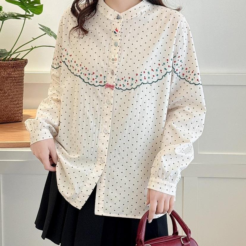 梦箱子2025春新款刺绣波点点棉衬衣立领长袖多扣宽松减龄圆点衬衫