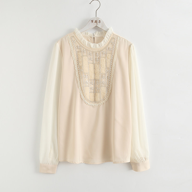 梦箱子2024春新款甜美亮片串珠衬衣木耳立领套头雪纺长袖宽松衬衫