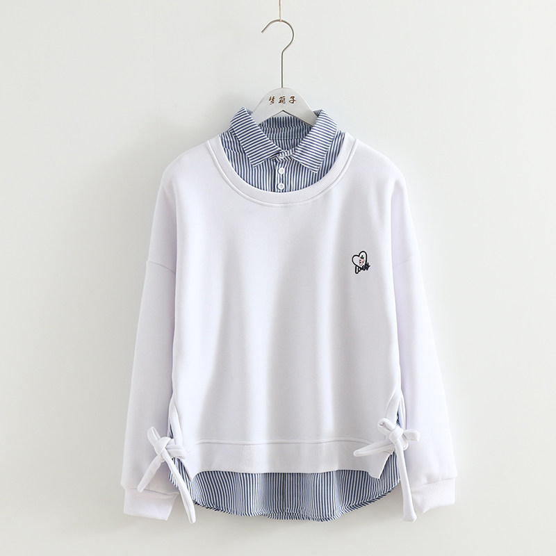 梦箱子2025冬新款蝴蝶结系带学生上衣条纹拼接套头假两件加绒卫衣