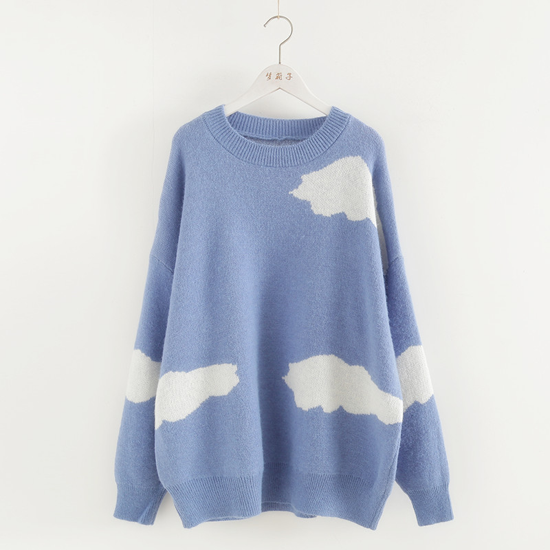 梦箱子2023冬新款白云朵提花圆领套头毛衫女甜美清新宽松针织毛衣
