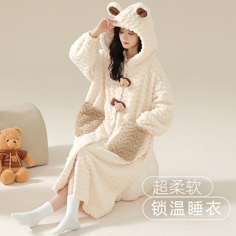 毛绒睡衣女冬季珊瑚绒加厚加绒秋冬长款睡袍可爱浴袍晨袍连帽睡裙