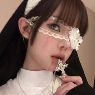 暗黑哥特十字架眼罩女万圣节修女头饰拍照cos配饰朋克装饰品道具