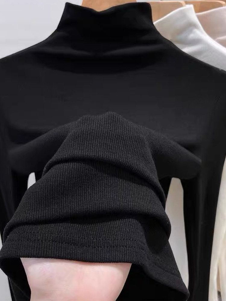 韩版显瘦百搭长袖t恤女2025春季螺纹莫代尔半高领打底衫纯色上衣