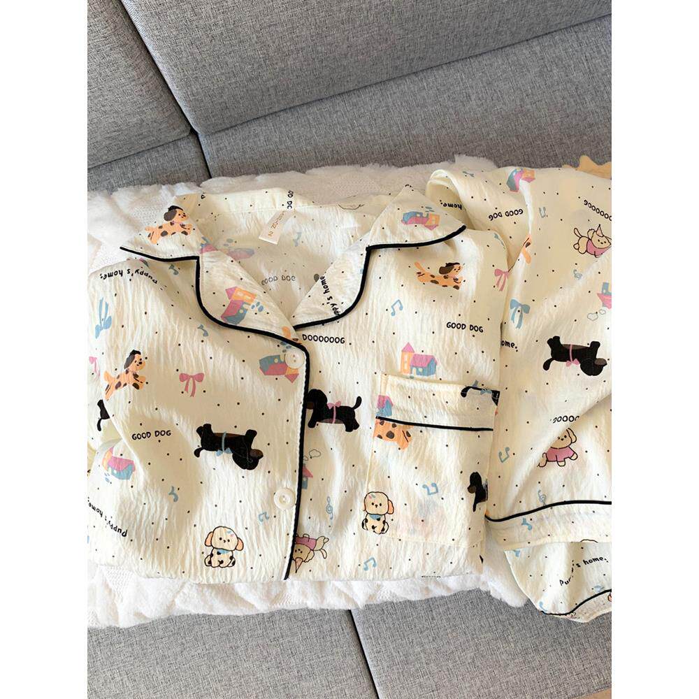 2026年新款睡衣女款春秋季纯棉纱布长袖长裤日系ins小狗家居服夏