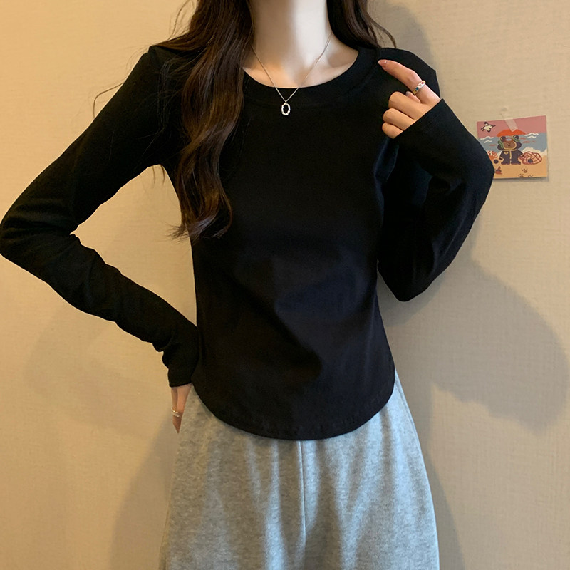 复古ins洋气小众设计感长袖T恤女秋冬内搭圆领打底衫黑色弧形上衣