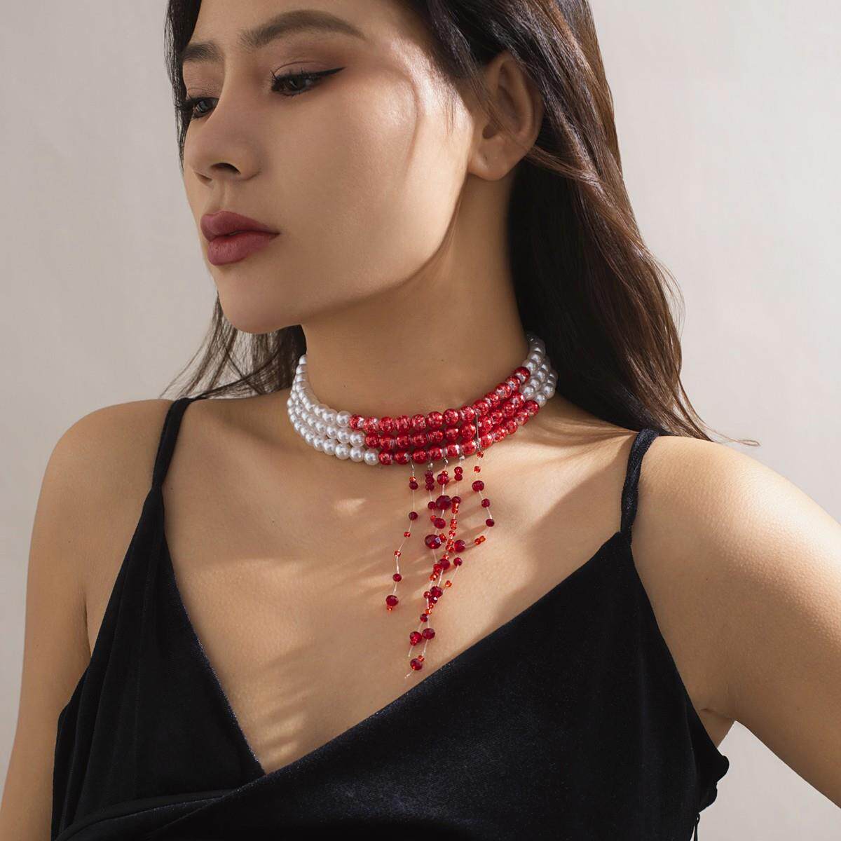 万圣节滴血仿珍珠项链女 时尚长坠流苏水晶网红派对公主装饰品潮