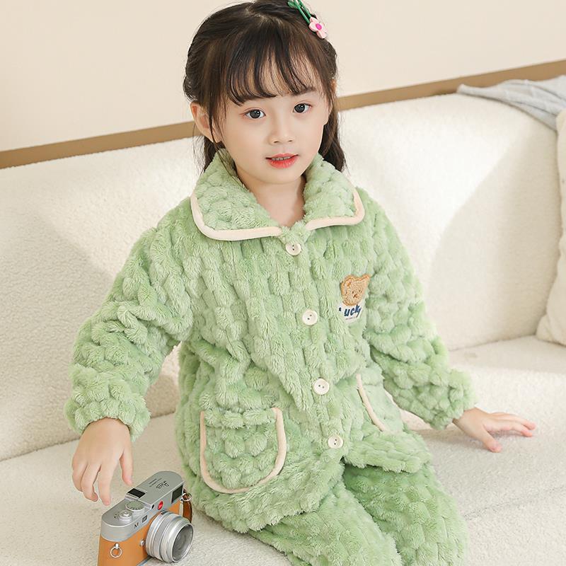 儿童法兰绒睡衣秋冬季女童加厚加绒宝宝小童珊瑚绒秋季女孩家居服