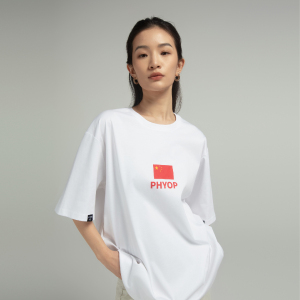 Phyop夏季圆领国旗男T恤短袖女纯棉吸汗宽松透气重磅运动纯白汗衫
