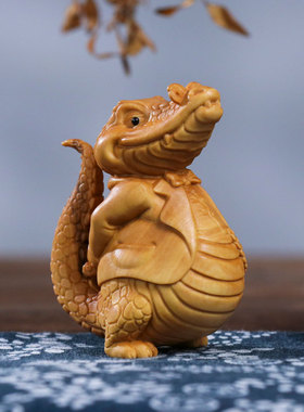 速发黄杨木雕木融大鳄手把件实金男刻工艺品雕士随身盘玩把玩桌面