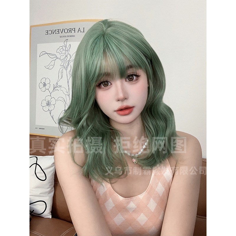 速发厂家直销假发头草绿色显白长发卷发自然圣节活动全套发式