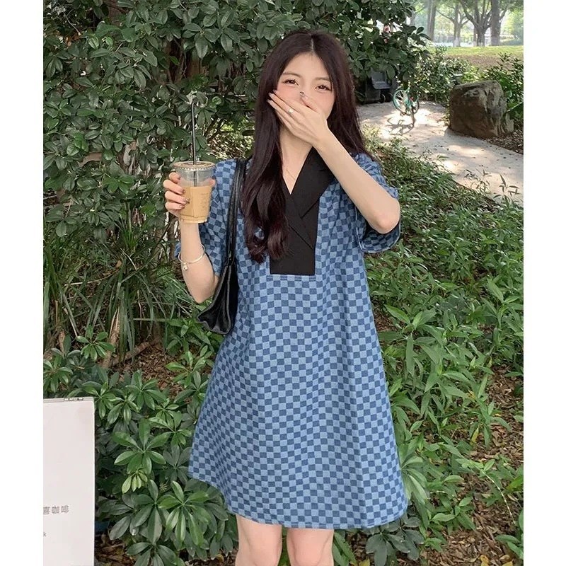 速发夏字大码遮肉领棋盘格连衣裙学生遮百肉搭宽松A季裙子