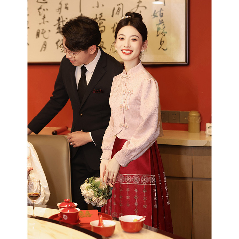 速发新中式马面裙套装20款4新婚粉色订2回门礼服旗袍敬酒服新娘连