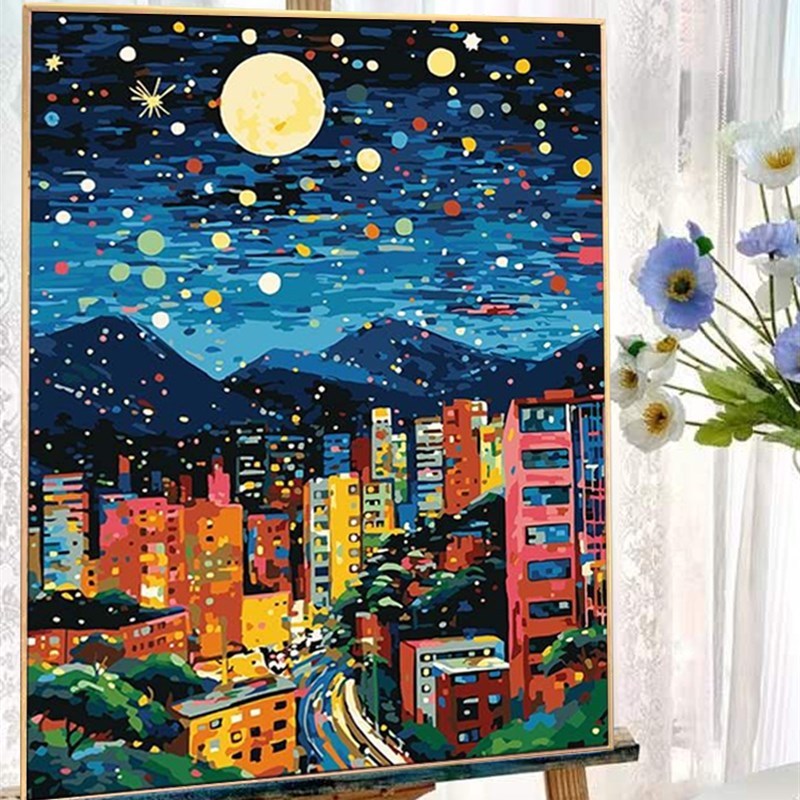 速发星空都市手字油色手工油彩画填充涂画高级感数绘丙烯装饰画
