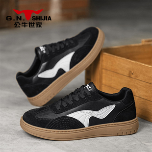 公牛世家真皮板鞋男款春季复古风德训鞋学生黑白低帮休闲鞋子男鞋
