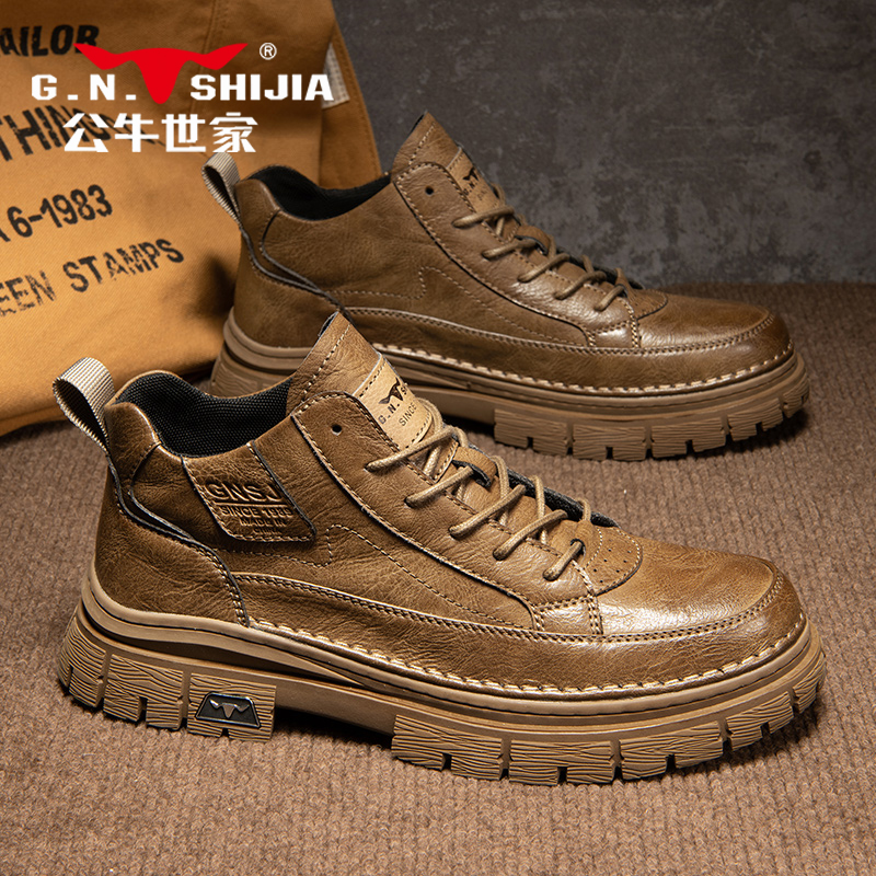 公牛世家马丁靴男款秋季真皮高帮皮鞋户外沙漠工装靴男士中帮皮靴