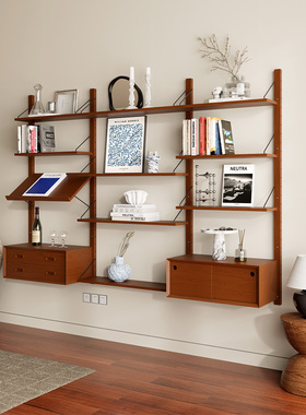 TOYA中古风实木书架一字隔板墙上置物架可调节多层展示架创意壁挂