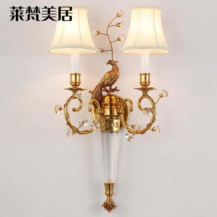 莱梵美居欧式全铜水晶壁灯法式奢华别墅客厅过道卧室床头创意孔雀