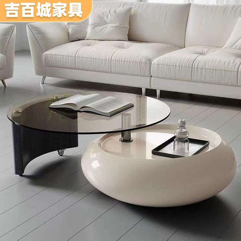 现代简约客厅家用小户型圆形茶几奶油风设计师轻奢圆形旋转茶几