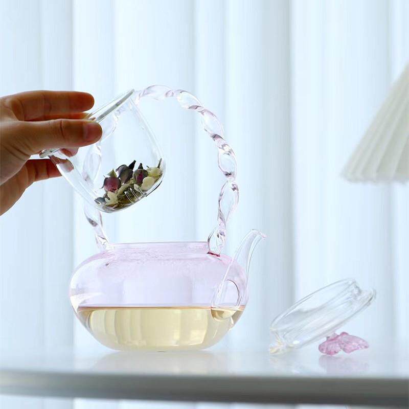 高颜值手作粉色蝴蝶玻璃煮茶泡茶壶电陶炉耐热玻璃粉色扭纹提梁壶