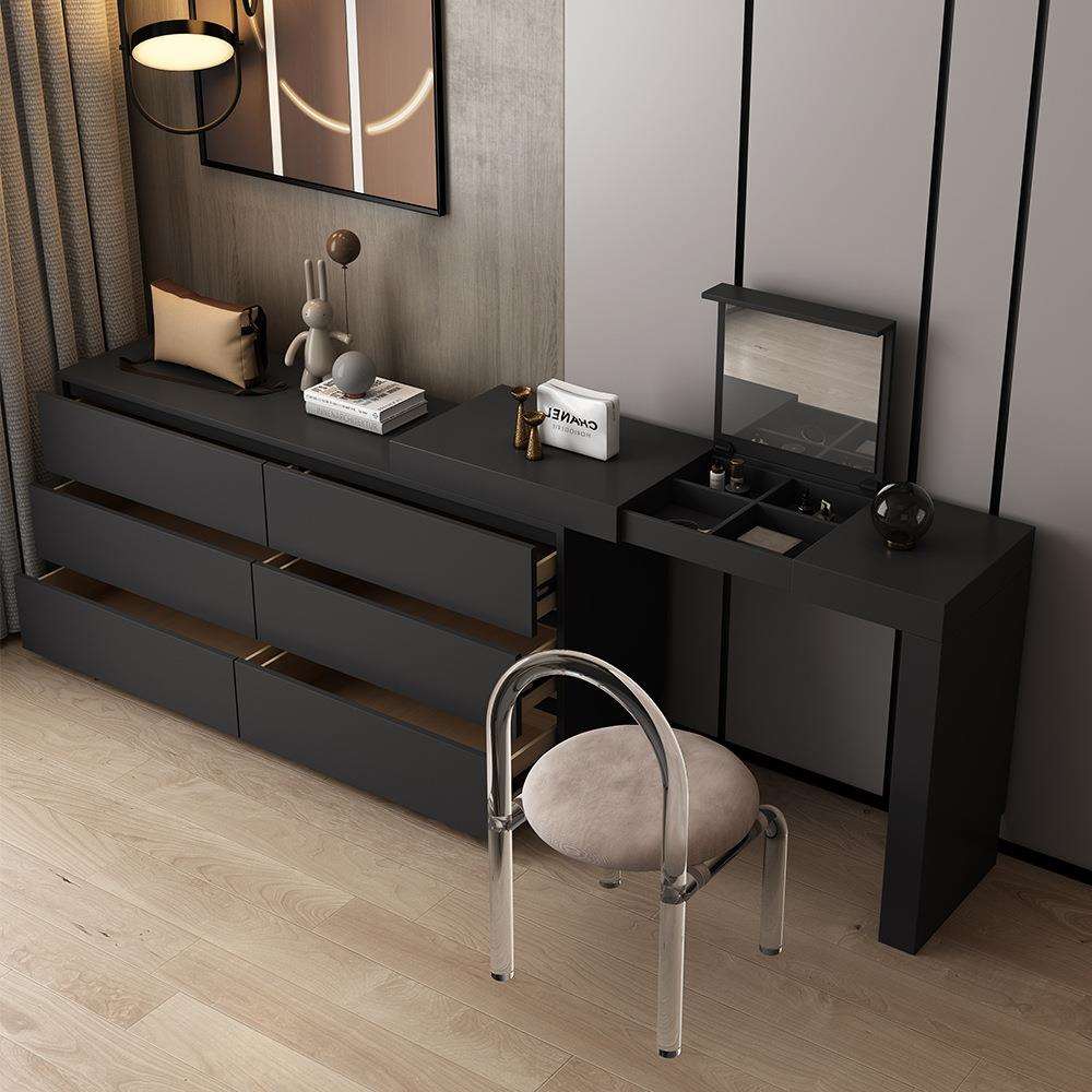 现代简约黑色复古实木翻盖梳妆台卧室斗柜组合收纳一体伸缩化妆桌