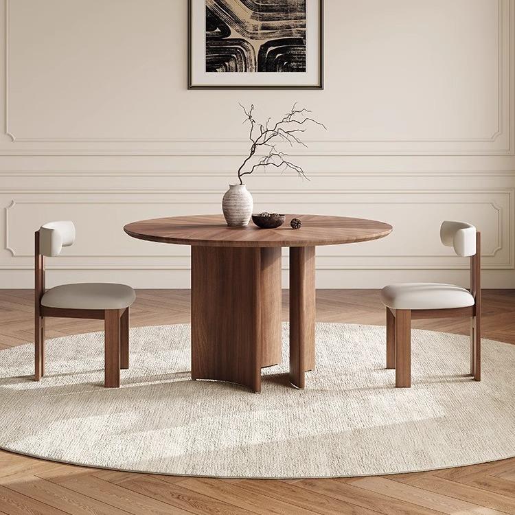 洞石岩板小圆桌家用小户型餐厅实木圆形餐桌复古风黑胡桃木圆餐桌