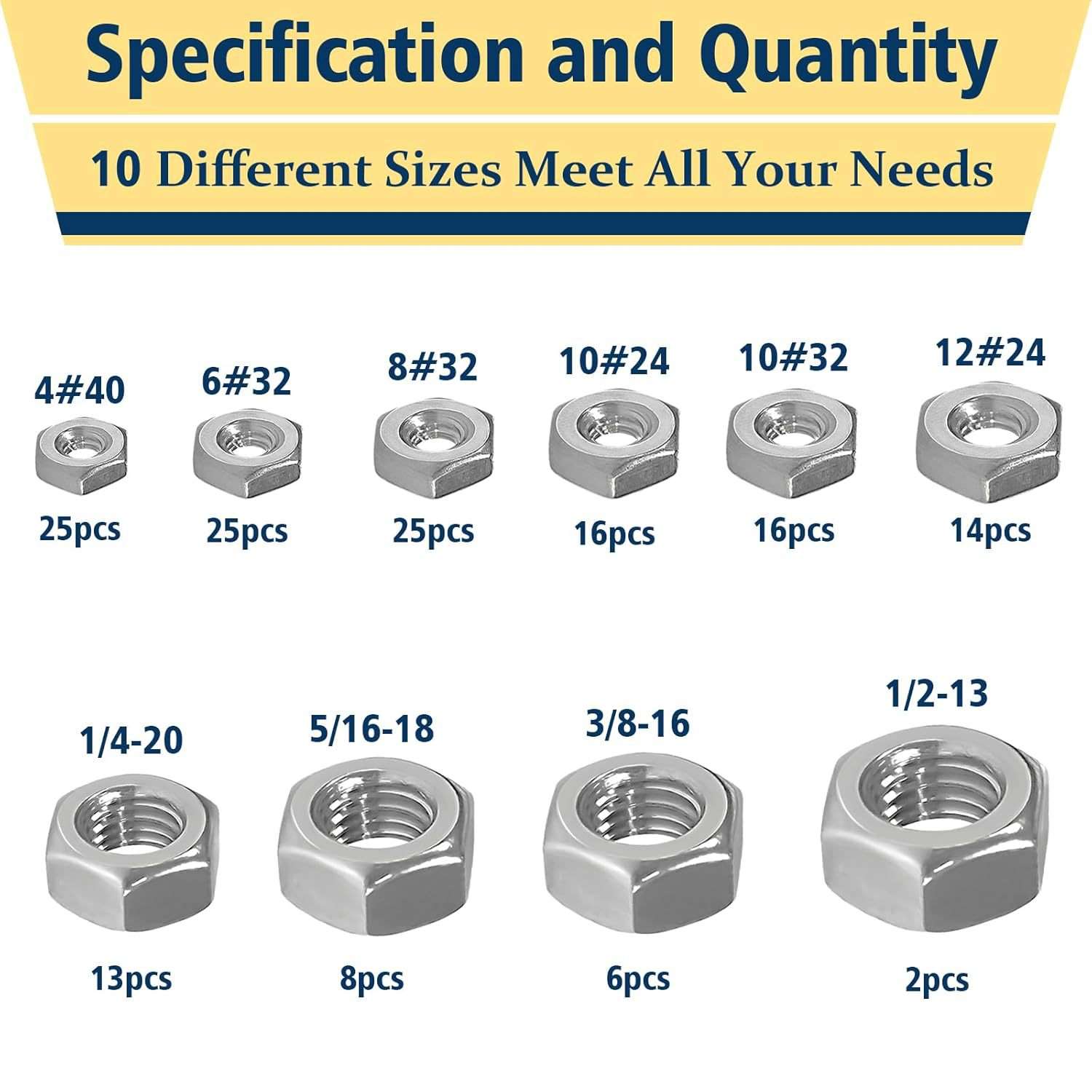 跨境150pcs304不锈钢 美制螺帽六角螺母套装螺丝帽盒装
