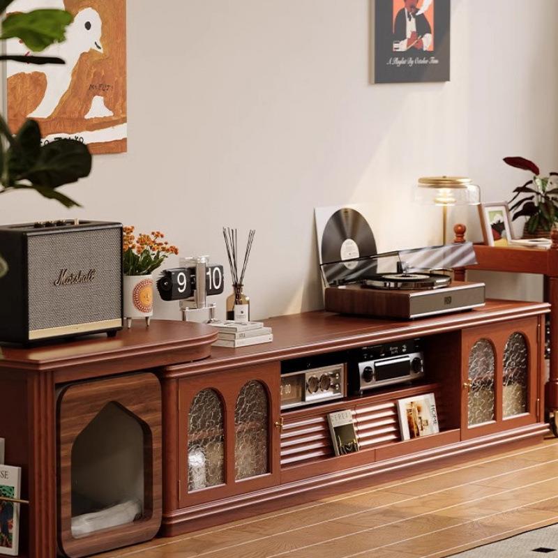 法式实木电视柜客厅家用茶几组合落地樱桃木复古伸缩电视柜地柜