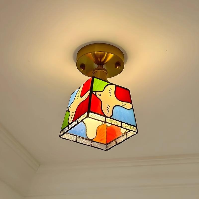 和平鸽创意卡通玄关吸顶灯中古怀旧入户过道灯复古彩色玻璃装饰灯
