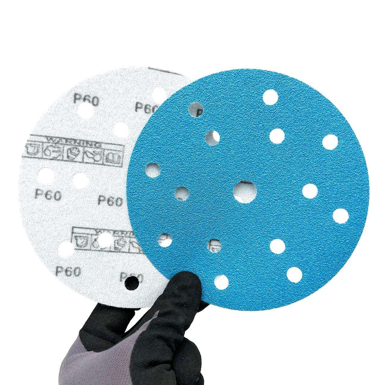 薄膜基材陶瓷蓝砂6寸15孔植绒砂纸背绒圆盘砂纸片FC66