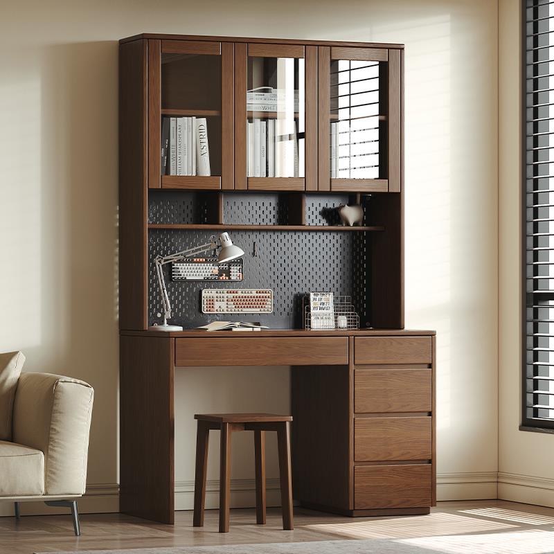 橡木全实木书桌书架一体儿童学习桌子电脑桌胡桃色小户型书房书柜