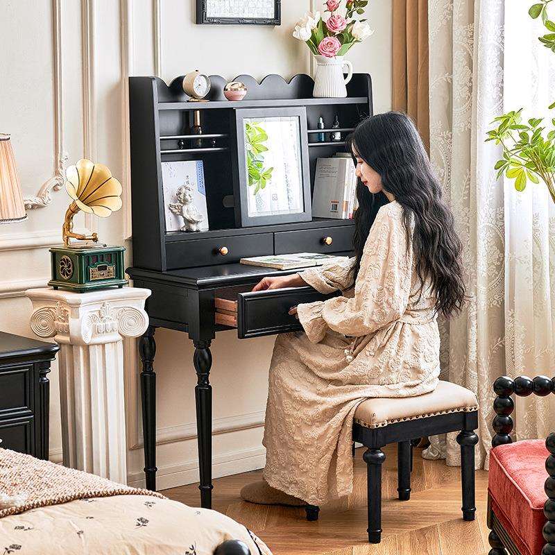 一具一家黑色梳妆台全实木法式中古风复古卧室带灯镜子化妆台桌子