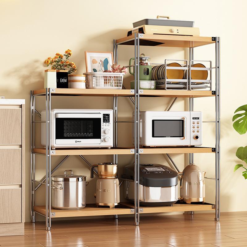 原木风日式厨房落地微波炉储物架置物架多层防锈钢收纳架家用架子