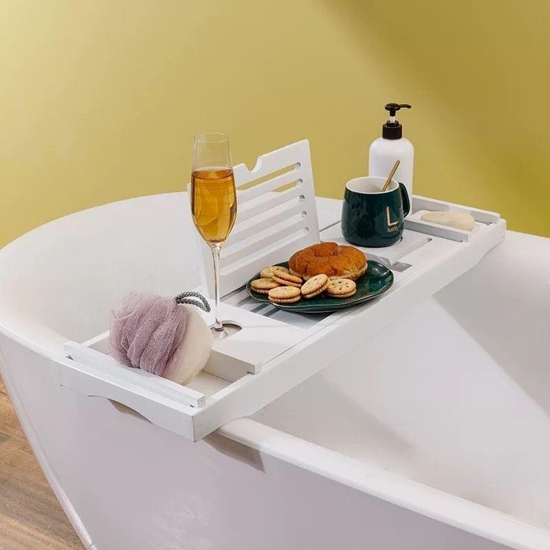 浴缸架白色竹制多功能卫生间泡澡收纳浴室浴缸伸缩支架浴缸置物架