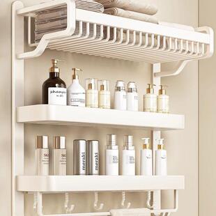 奶油风毛巾架卫生间置物架一体免打孔壁挂浴室收纳架室白色浴巾架