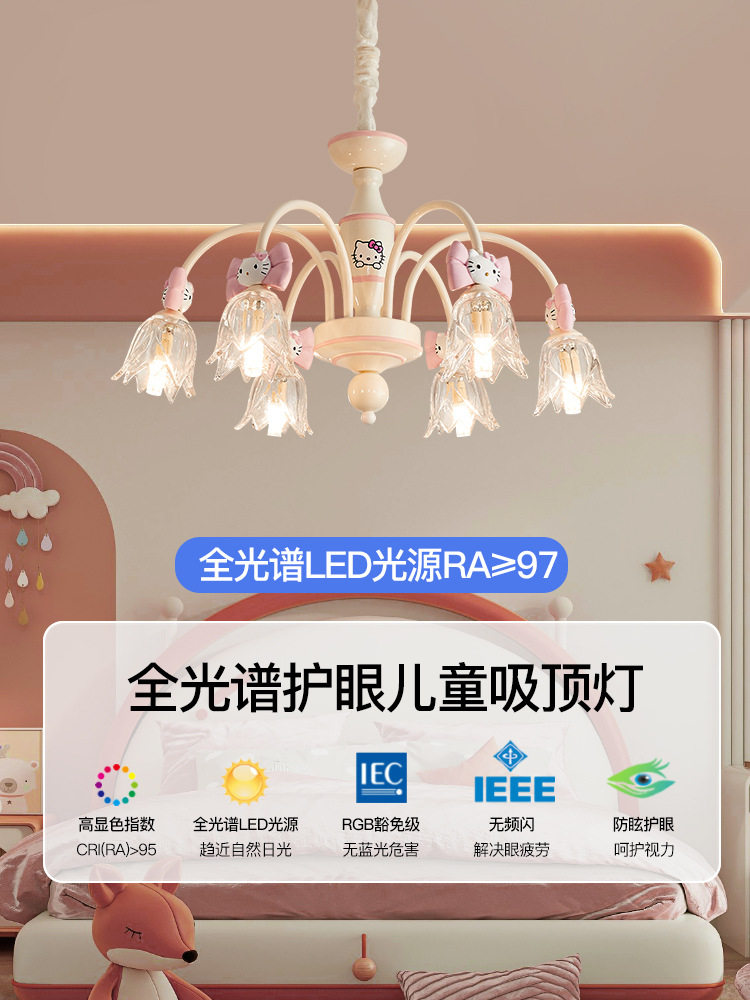 儿童卧室吊灯公主房粉色卡通KT猫创意灯罩全光谱护眼光源吸顶灯