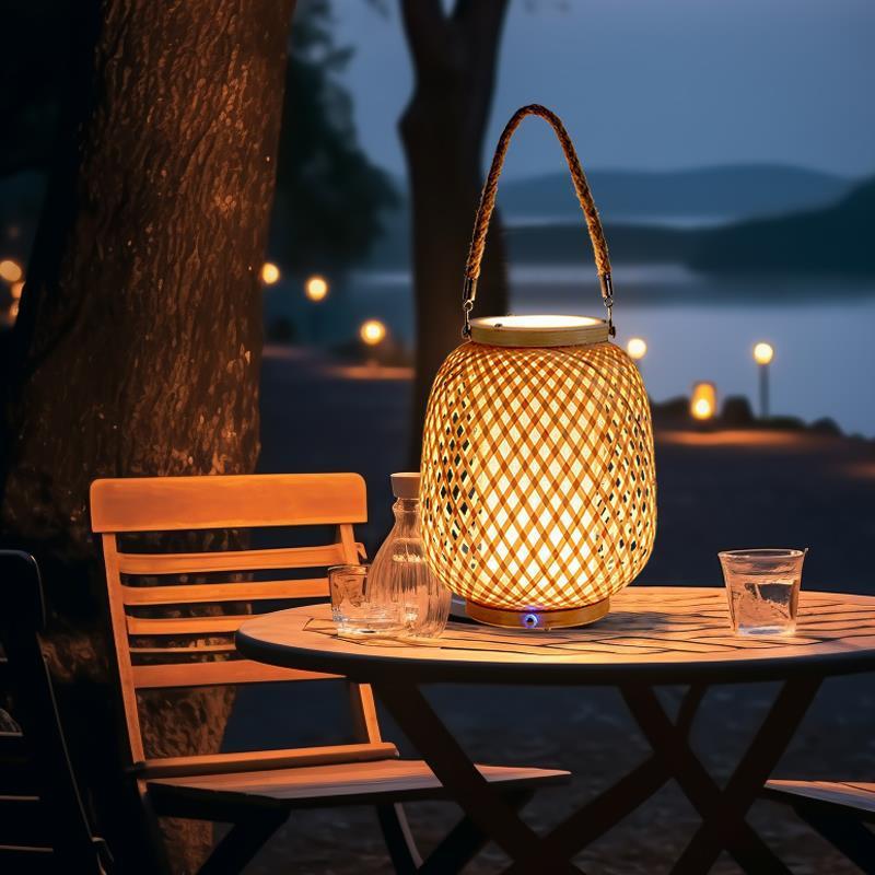 户外庭院草坪露台花园氛围手提竹编藤编防水灯罩民宿露营野炊灯笼