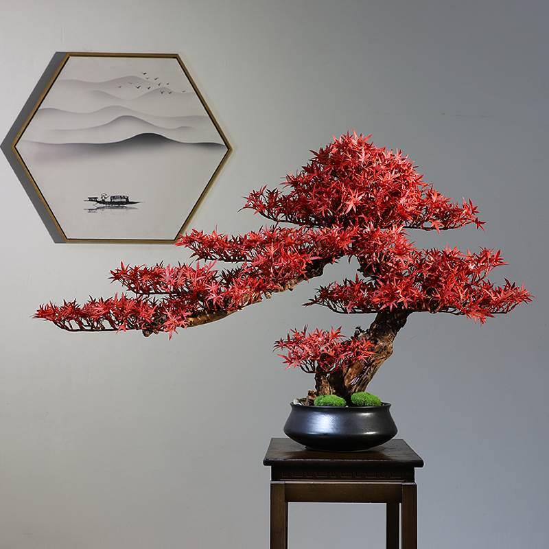 新中式实木仿真红枫盆景酒店茶室绿植迎客松摆件玄关博古架装饰品