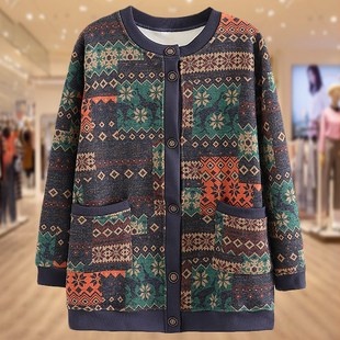 速发加大加肥大码装年妈加绒开衫外套200斤中老妈春印花长袖上衣